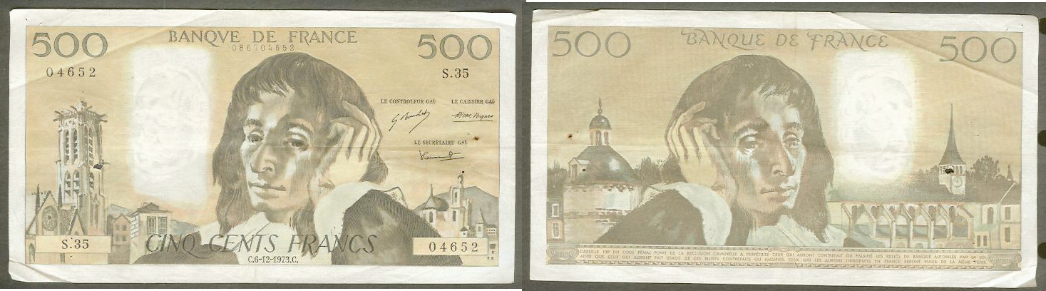 500 Francs PASCAL FRANCE 6.12.1973 S.35 TB+